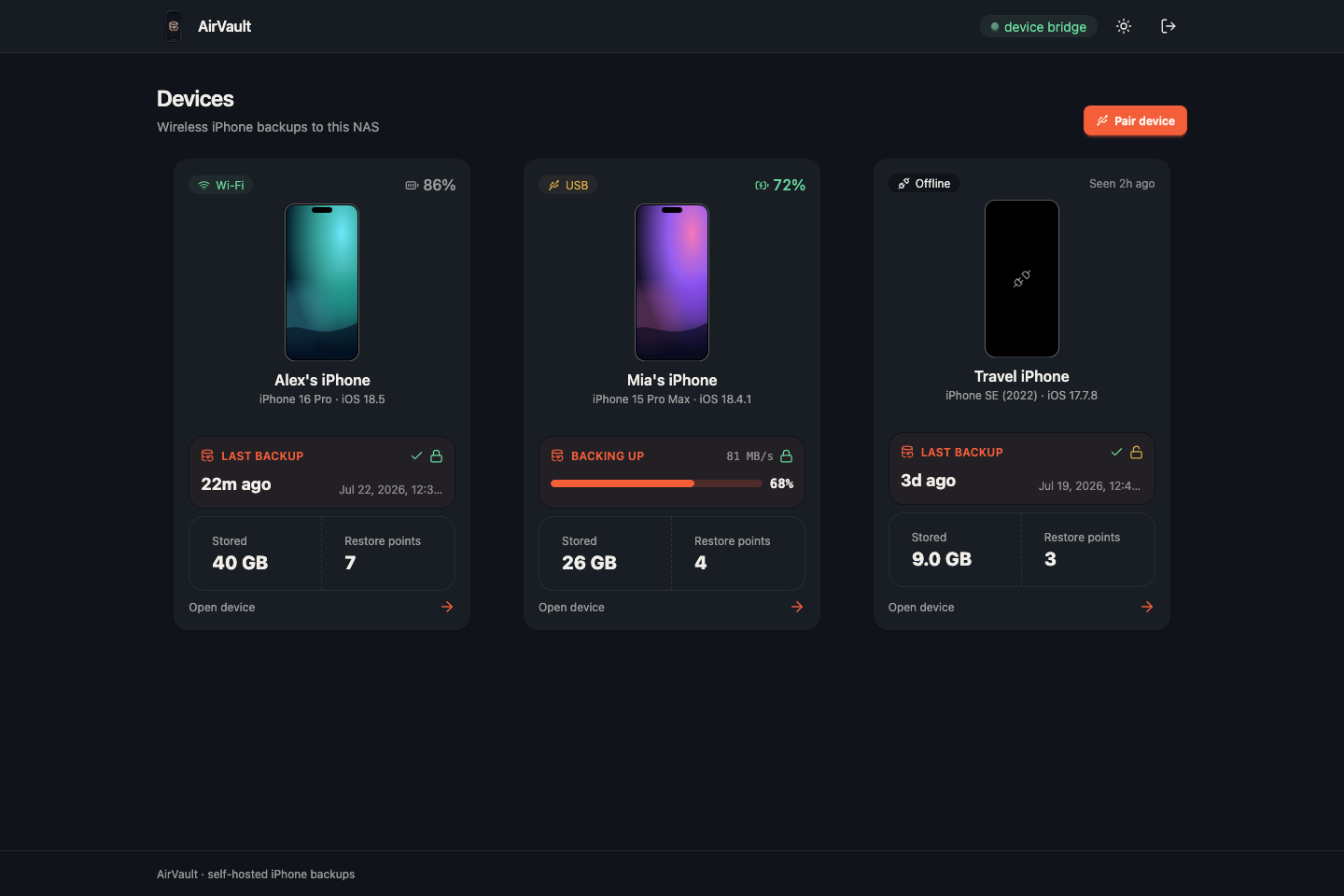AirVault dashboard showing three iPhones, connection status, backup history, storage and a backup in progress