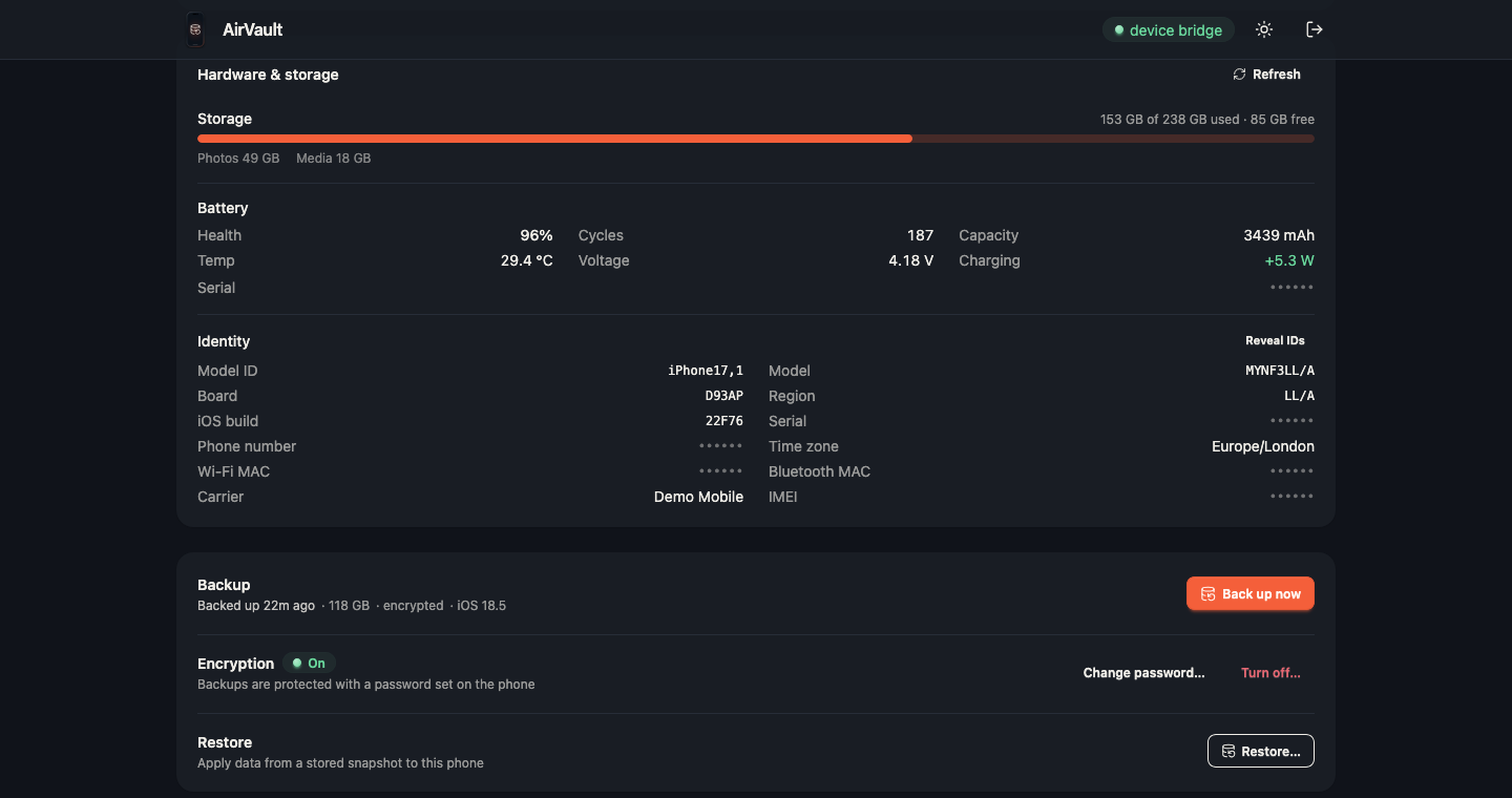 AirVault hardware and storage page showing storage, battery health and masked device identity