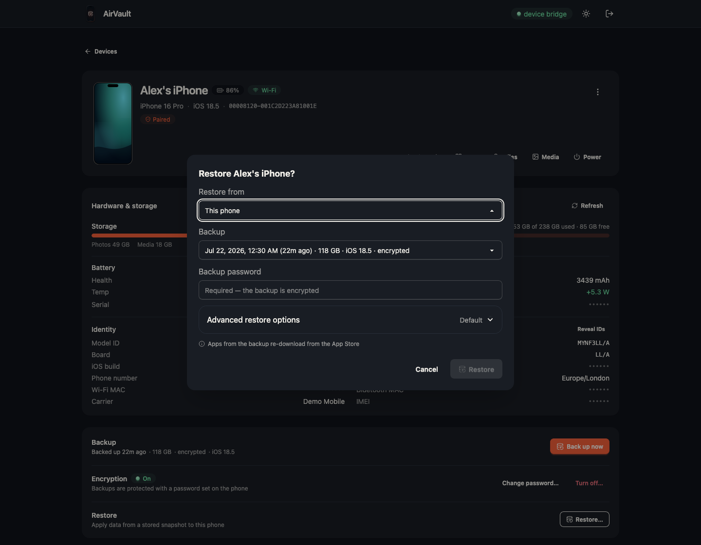 AirVault restore dialog with snapshot selection, password and restore options